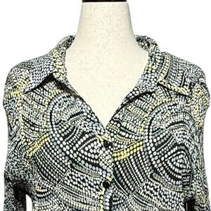 Maggie Barnes Top Blouse Womens 3X 3/4 Sleeve Black White Dots Button Up Shirt